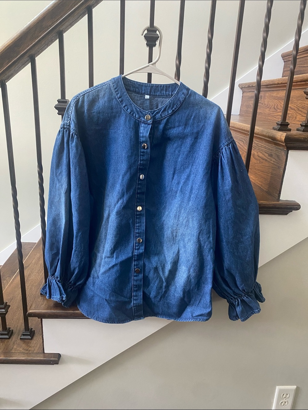 Denim Button-Front Peasant Blouse - Blue